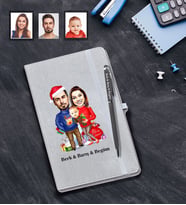 Kişiye Özel Yılbaşı Aile Karikatürlü Gri Defter Kalem Hediye Seti Model-3