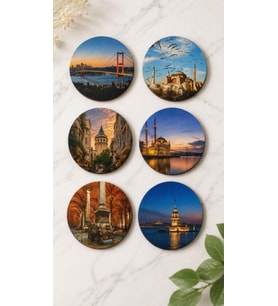 İstanbul Bardak Altlığı 6'lı Set 9 cm, 3 mm MDF, UV Baskı, Dekoratif Bardak Altlık