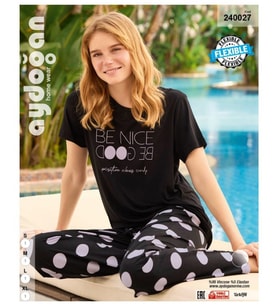 Aydoğan Homewear -be nice be good- Yazılı Puantiyeli Viskos Yazlık Pijama Takımı-240027 (Siyah)