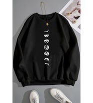 Unisex Moon Phases Bisiklet Yaka Sweatshirt (Siyah)