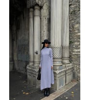 Boğazlı kalın bürümcük uzun elbise gri
