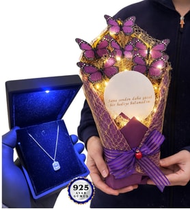 Led Işıklı Aynalı Kelebek Buketi ve Işıklı Premium Kutusunda 925 Ayar Gümüş Kolye (Model 5)