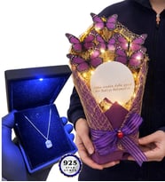 Led Işıklı Aynalı Kelebek Buketi ve Işıklı Premium Kutusunda 925 Ayar Gümüş Kolye (Model 5)