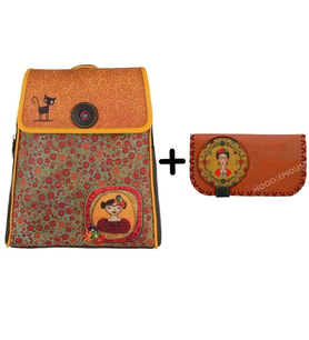 Frida Figürlü Kapaklı Sırt Çantası Etnik Bohem Style Cüzdan Kombin Kahve