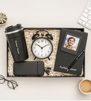 Kişiye Özel Fotoğraflı Çerçeve,Defter,Kalem,Masa Saati,Powerbank Ve Termos Hediye Seti (Siyah)