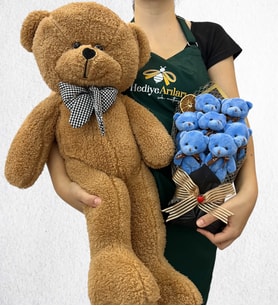 Büyük Boy Kahverengi Peluş Ayıcık ve 7'li Peluş Ayıcık Buketi (Model 1)