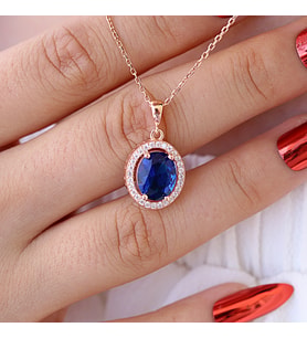 Lacivert Beyaz Zirkon Taşlı Oval Gümüş Kolye