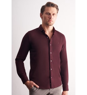 Bordo Uzun Kol Düğmeli Yaka Kendinden Desenli Pamuklu Slim Fit Gömlek 1004255267
