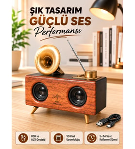 Retro Gramofon Tasarımlı Bluetooth Hoparlör – 3D Stereo Ses, 1800 mAh Batarya
