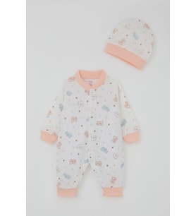 Breeze Kız Bebek Tulum Renkli Kedicik Desenli Minnoş Ayaklar 0-6 Ay, Beyaz