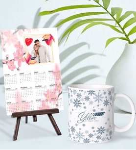 BK Gift Kişiye Özel Yılbaşı Tasarımlı Kupa Bardak ve 13x18cm Fotoğraf Kartlı Şövaleli 2024 Takvim Hediye Seti-53
