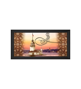 Tuğra ve Kız Kulesi Motifli Kanvas Tablo 80 x 110 cm Siyah Çerçeve
