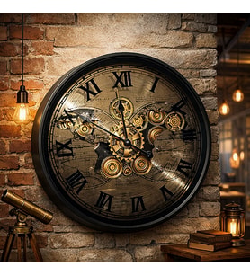 Vintage Metal Çarklı Dünya Haritalı Duvar Saati Steampunk Tasarım, Roma Rakamlı