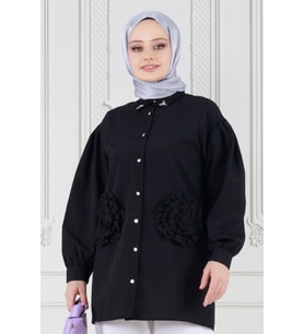 Önü Gül Detaylı Tunik-Siyah