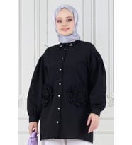 Önü Gül Detaylı Tunik-Siyah