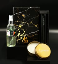 Kişiye Özel Gold Metal Kutulu Mum& Siyah Mermer Desenli Defter& Siyah Roller Kalem& Eyüp Sabri Tuncer Kolonya Hediye Seti