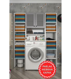 Kenzlife membran çamaşır makinesi dolabı hayzummaksduble gribyz panjur 180*66*55 mebran kapak MDF gövde (Beyaz-Gri)