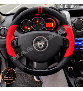 Dacia Duster Mk1 Dikme Direksiyon Kılıfı Parlak Siyah Kırmızı Detaylı Kırmızı Çift Yüzük ve Dikiş 2010-2017