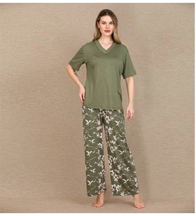 Amora Secret Şık Tasarım Çiçek Desenli Yeşil Kısa Kol Viskon Pijama Takımı