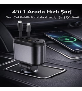66W Hızlı Araç Şarj Cihazı 4’ü 1 Arada Geri Çekilebilir Kablolu Type-C Lightning USB Araç İçi Şarj Adaptörü 12V-24V (Tatlı Gri)