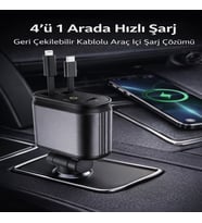 66W Hızlı Araç Şarj Cihazı 4’ü 1 Arada Geri Çekilebilir Kablolu Type-C Lightning USB Araç İçi Şarj Adaptörü 12V-24V (Tatlı Gri)
