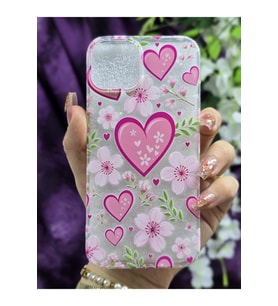 iPhone 13/14 Uyumlu Kalp ve Çiçek Desenli Silikon Şeffaf Telefon Kılıfı