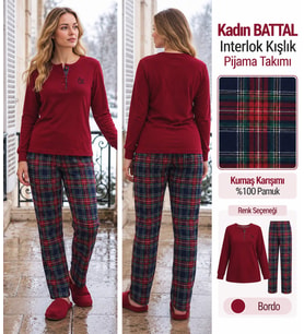 Angelina Kadın Düğmeli Yaka %100 Pamuk İnterlok Kışlık Pijama Takımı 10022 - 1 Adet