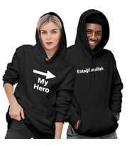 My Hero -> Estağfurullah Baskılı Sevgili Kombini Siyah Regular Unisex Kapüşonlu Sweatshirt