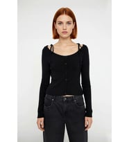 Kadın Fitted Düşük Kol Uzun Kollu Kayık Yaka Crop İnce Triko Hırka Siyah Modern Basic Şık Kombinler