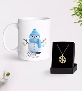 BK Gift Kişiye Özel Yılbaşı Mutlu Yıllar Tasarımlı Kupa ve Kar Tanesi Kolye-1