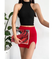 Kadın Ottoman Halter Yaka Likralı Örme Crop Bluz Siyah
