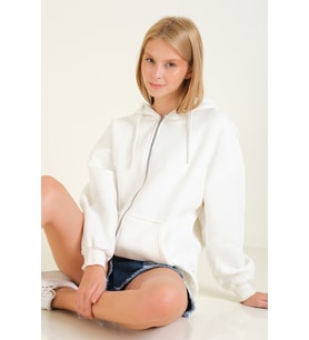 Giyim Dünyası Kadın 3 İp Şardonlu Kapüşonlu Fermuarlı Oversize Sweatshirt Ekru