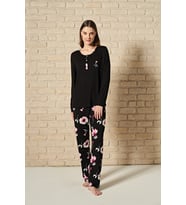 Kadın Düğme Detaylı Alt Kısmı Çiçek Desenli Uzun Kollu Pijama Takımı (Renksiz)