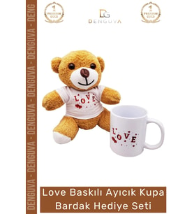 #AyıcıkSeti Love Baskılı Tişörtlü Peluş Kahverengi Porselen Hediye Ayıcık Kupa Bardak Seti