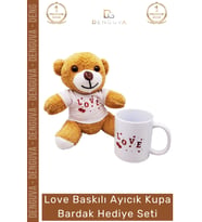 #AyıcıkSeti Love Baskılı Tişörtlü Peluş Kahverengi Porselen Hediye Ayıcık Kupa Bardak Seti