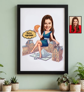 Kişiye Özel Karikatürlü Paris Aşığı Arkadaşa Hediye Siyah Çerçeve Doğum Günü Hediyesi