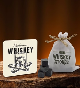 BK Gift Whiskey Tasarımlı Ahşap Bardak Altlığı ve 6’lı Granit Viski Taşı Hediye Seti - Model 1