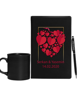 Sevgililer Gününe Özel Siyah Defter Kalem & Varil Kupa Hediye Seti 36
