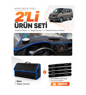 VOLKSWAGEN TRANSPORTER T6 ÇUKURLU (2015-2020) Uyumlu Torpido Örtüsü + Deri Çanta Seti - Siyah Mavi