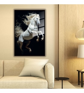 Metal Çerçeveli Cam Tablo Şaha Kalkan Beyaz At Görseli (Siyah)