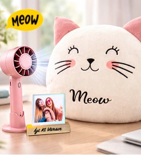 Kişiye Özel Fotoğraflı Kedi Polar Yastık & Mini Şarjlı El Fanı 3 Kademli Turbo