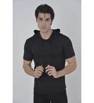 Erkek Kapşonlu Slim Fit T-shirt - Siyah