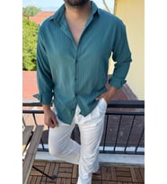 Tam Kalıp Bürümcük Kumaş Gömlek Zümrüt Vizon