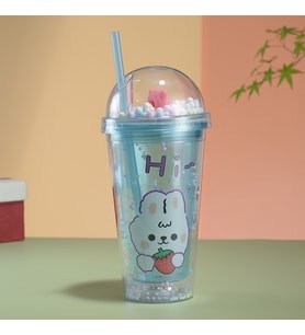 Desenli Işıklı ve Pipetli Bardak, 450 ml, Boncuklu ve Kapaklı, Mavi, 20x8 (Mavi)