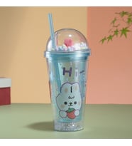 Desenli Işıklı ve Pipetli Bardak, 450 ml, Boncuklu ve Kapaklı, Mavi, 20x8 (Mavi)