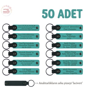 Promosyon Firmalarına Özel, 50'li Set, Kişiye Özel Yazılı Deri Anahtarlık, Koyu Turkuaz & Laci