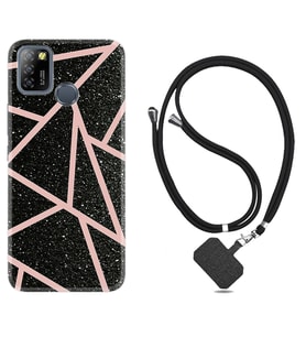 INFINIX Smart 4 5 6 Zero 8 S5 Pro Kılıf Boyun Askılı Silikon Pembe Şeritli Mermer 1312