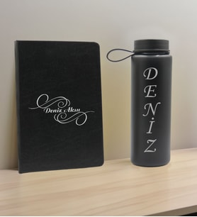 BK Gift Kişiye Özel İsimli Siyah Defter ve Cam Matara Hediye Seti-3, Sevgiliye Hediye, Arkadaşa Hediye, Yeni İş Hediyesi
