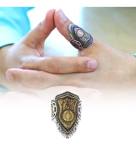 Siyah Zirkon Taş Mıhlamalı "Mühr-i Süleyman" İşlemeli Free Size 925 Ayar Gümüş Okçu (Zihgir) Yüzüğü