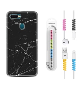 Oppo A5S A15 A16 A54 A55 A73 A74 Kılıf Kablo Koruma Spiral Silikon Siyah Mermer 1299